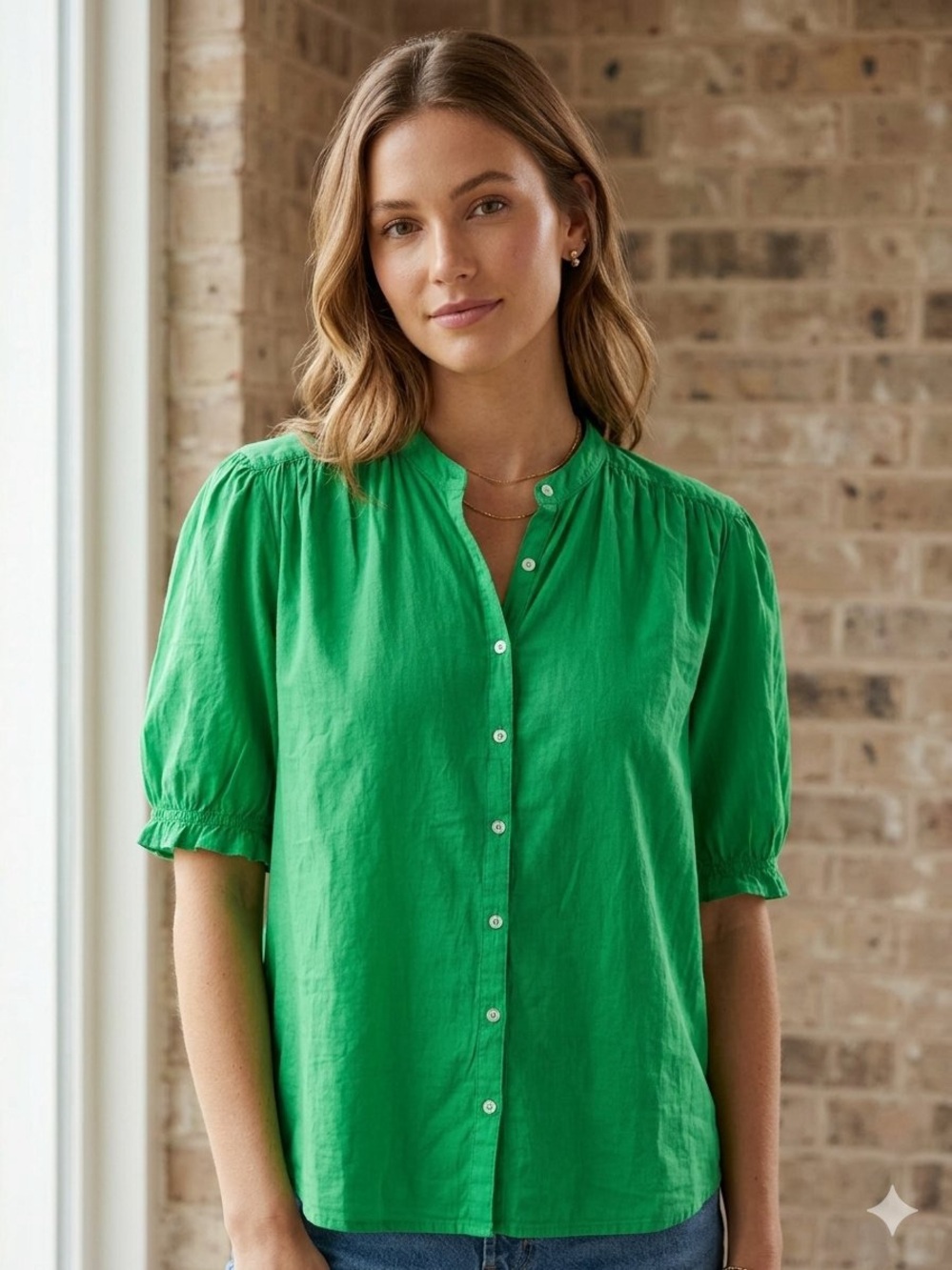 XiRENA Kelly Green Short Puff Sleeve Button-Front Blouse Size Small